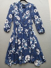 White House Black Market Women's A-Line Midi Dress 2 Blue Floral Long Sleeve