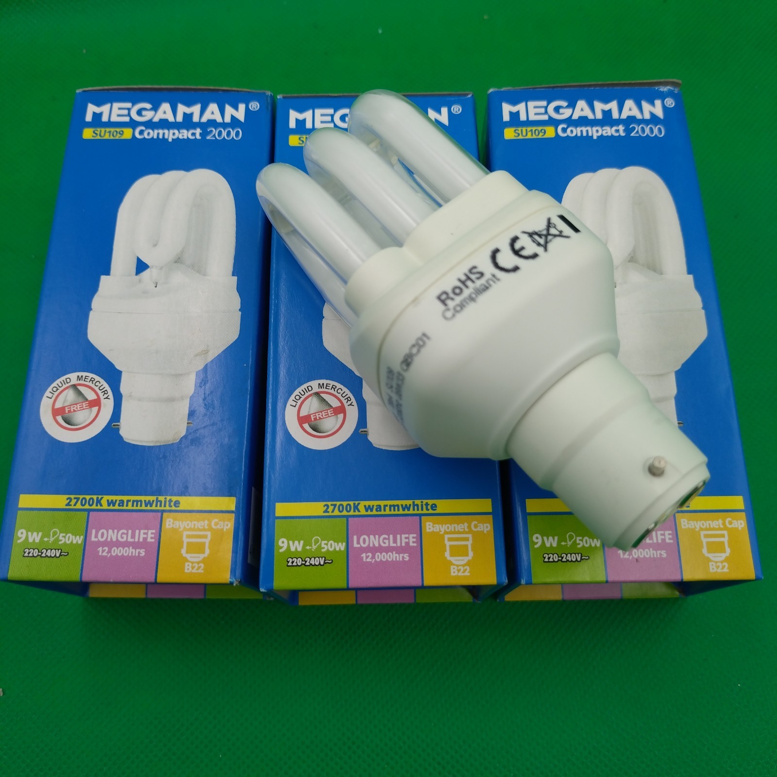 3 x Megaman Energy Saver Bulb 9w (50 watt) B22 BC Bayonet longlife Warm White