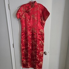 Traditional Chinese Wedding Dress Red Qipao Cheongsam Gold Floral Satin Size 42