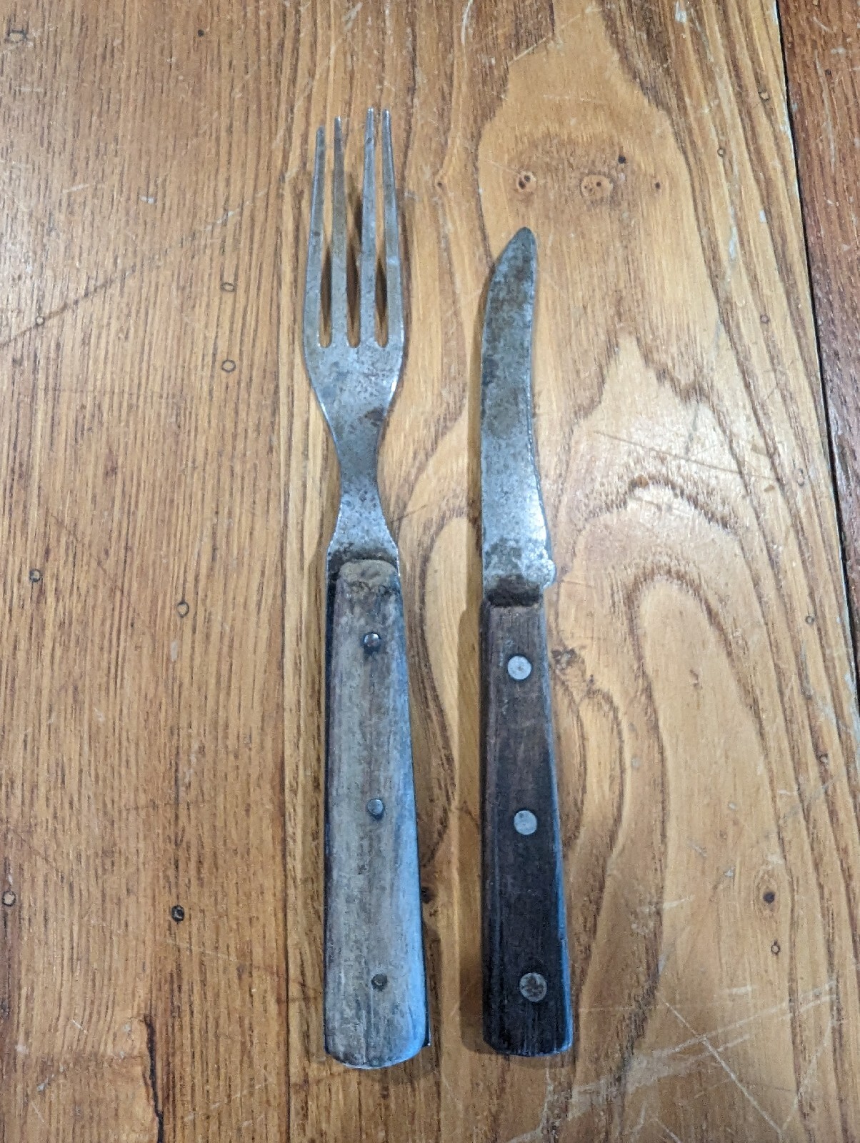 Antique Civil War Era Wood Handle Knife & Fork Utensils Silverware