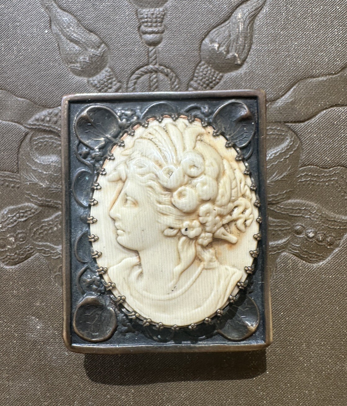 Antique Victorian celluloid brass cameo goddess dress sash belt clip accessory