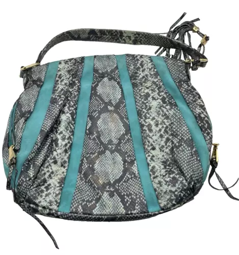 Aimee Kestenberg Leather & Suede  Hobo Bag Aqua/Teal withGray/Black Snake Print