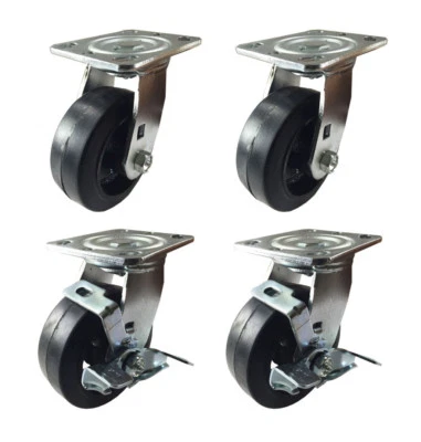 HY-WELD 4 Heavy Duty Caster Set 4" 5" 6" Rubber on Cast Iron Wheels Rigid Swivel Brake