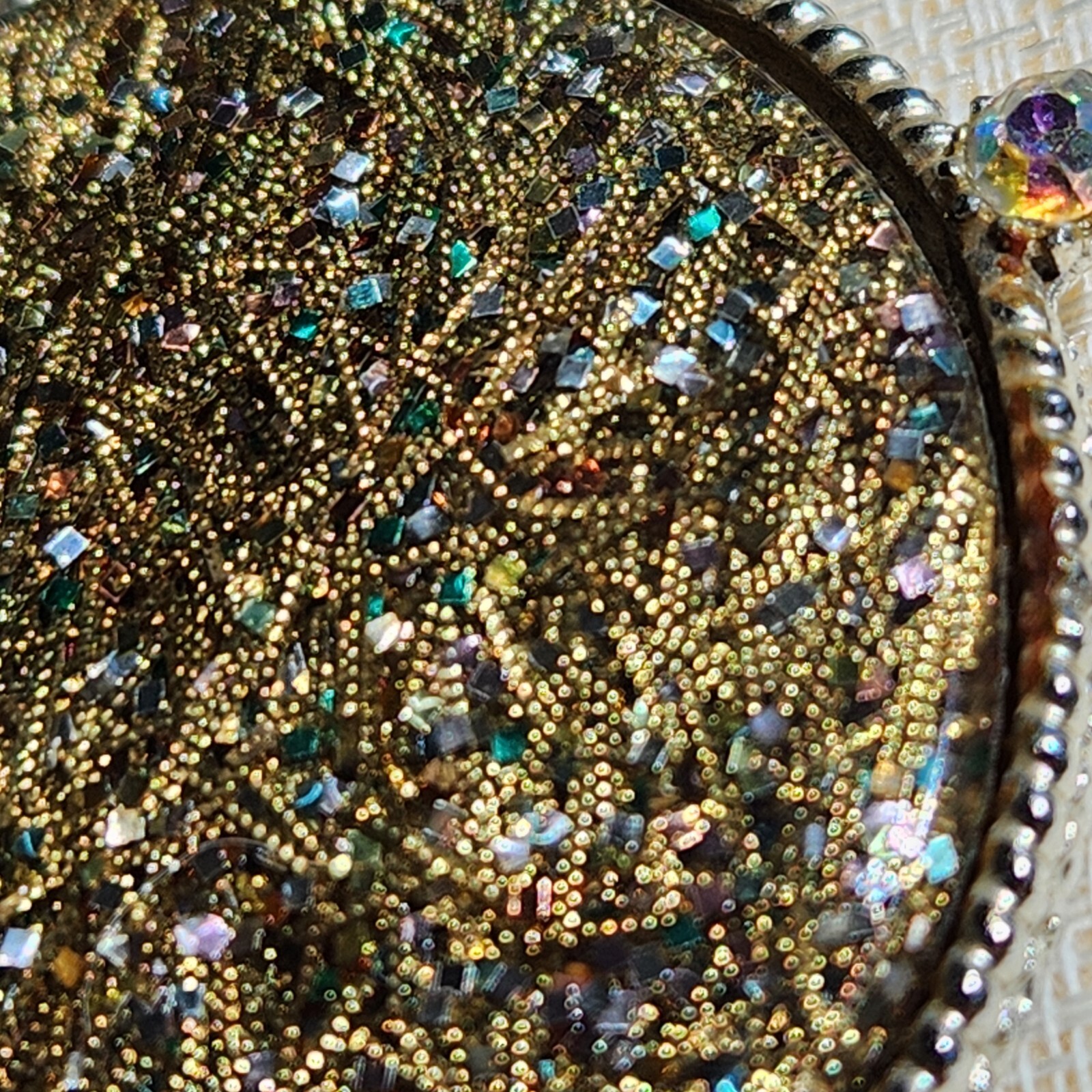 Vintage  Miniature Silver Glitter Rhinestones Hand Mirror 4”