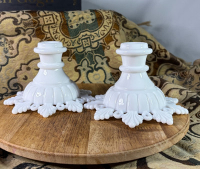 Vintage Westmoreland Milk Glass Candle Holders   Pair   Open Lace Edge   1950s