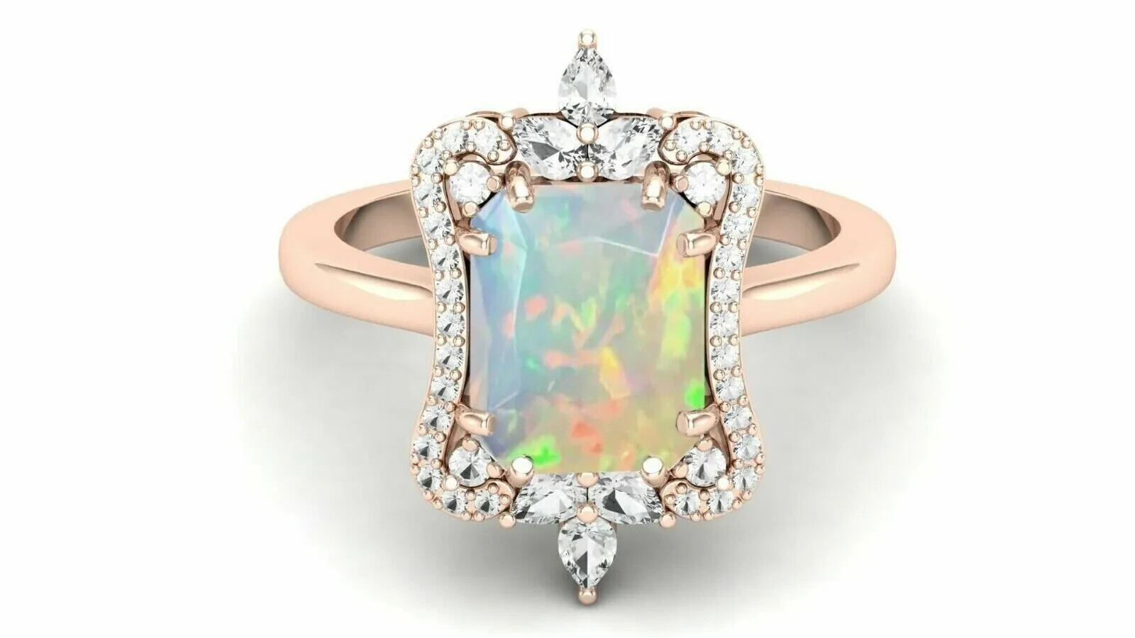 3Ct Radiant Simulated Fire Opal Engagement Band Ring 14K Rose Gold Plated Silver