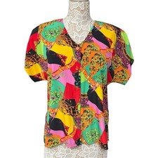 Antibes Vintage 80s Colorful Abstract Blouse, Bold Print, Size Medium EUC