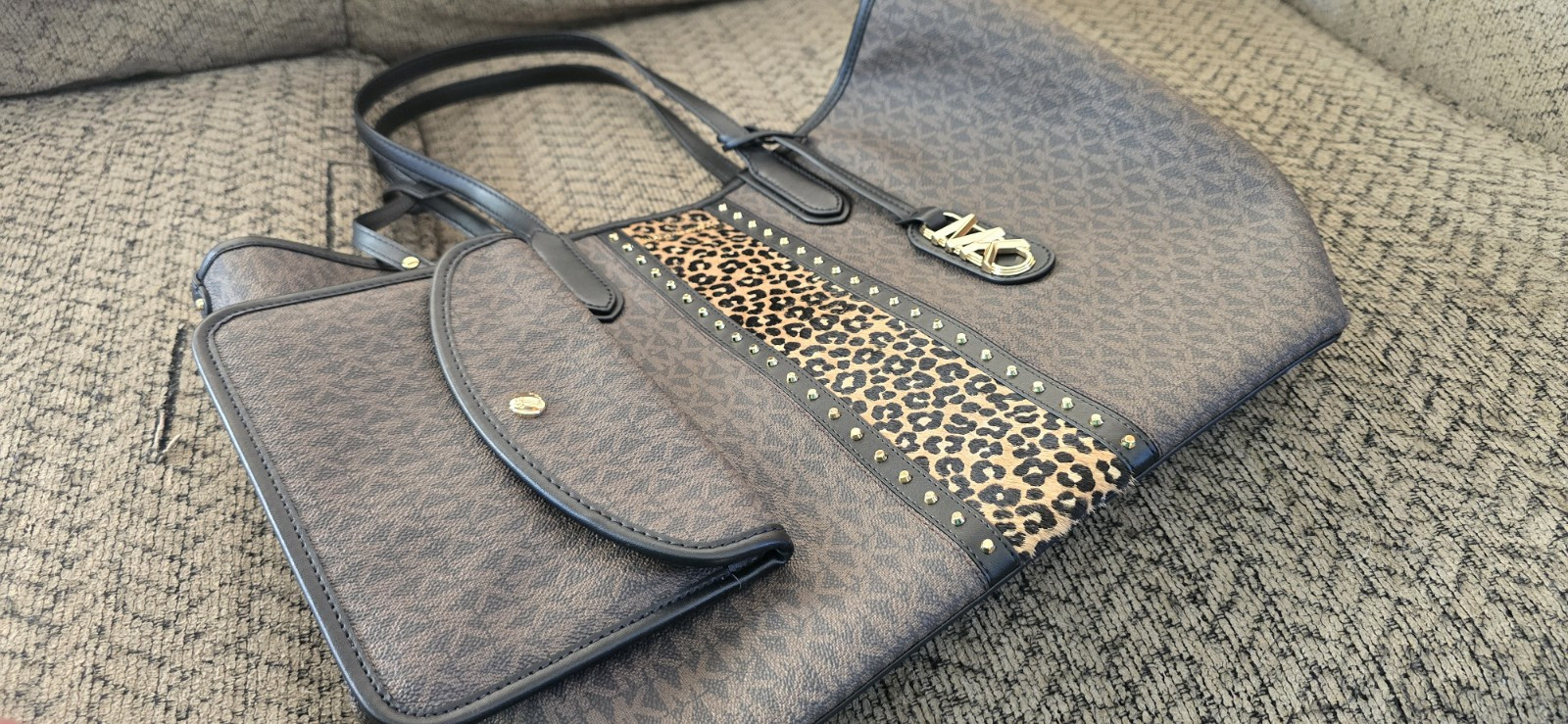 Michael Kors Eliza Large Studded Mixed-Media Tote Bag in Leather  