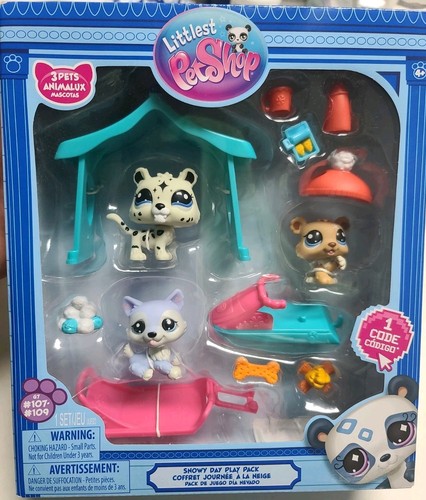 Littlest Pet Shop G7 Snowy Day Play Pack #107 108 109 Husky, Snow Leopard Bear