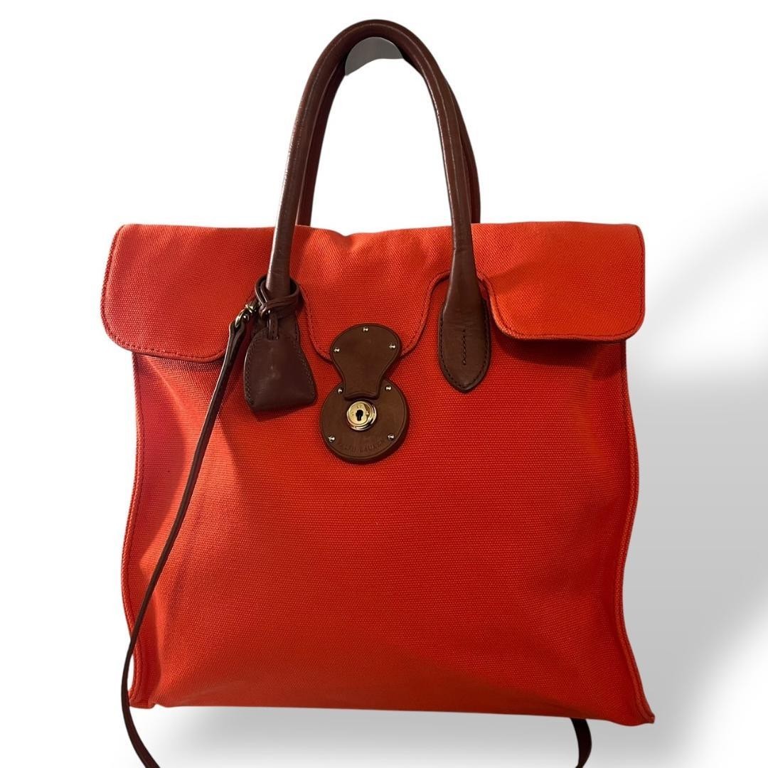 Ralph Lauren Orange Canvas Ricky 2Way Tote Bag with Leather Trim Shoulder Strap