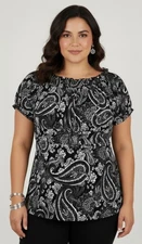 New Directions Y2K B&W Paisley Belted Hour Glass Shaped Blouse Womens Size PL