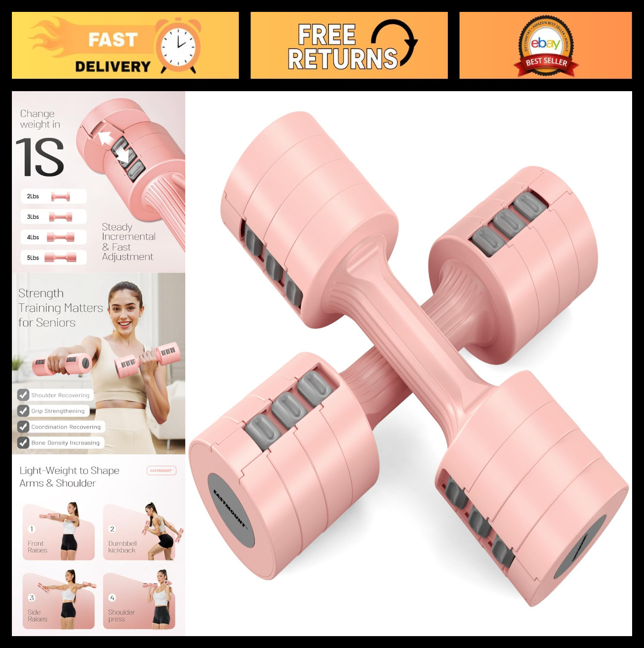 Adjustable Dumbbells Set of 2 - 10 lb Total Free Weights for Home Gym, Fast Adju