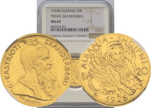 1926-R Albania: Zog I gold "Prince Skanderbeg" 20 Franga Ari NGC MS62