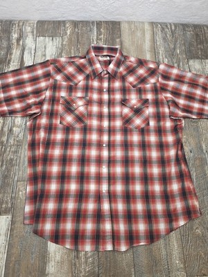 Ely Cattleman  Mens Short Sleeve Pearl Button Up Shirt Plaid Red XL Gold Thread