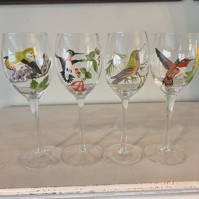 Hand Painted Wine Glasses with Hummingbirds and Flowers Design Set of 4