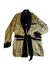 VTG Men's L Satin Kimono Smoking Jacket 50s Black  Gold Robe - Diamond print