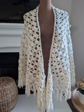 Handmade Crochet Shawl Wrap OS Ivory Cream Openwork Fringe Boho Cottagecore