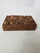 Hand-Carved Wooden Keepsake Jewelry Trinket Box Intricate Leaf and Fruit Patter