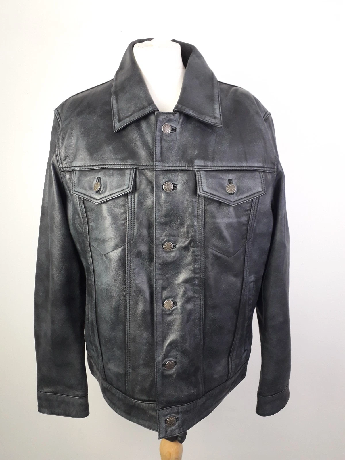 Real Leather Men's Damon Trucker Leather Jacket Distressed Washed Black NEW