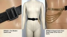 Vintage 1970s Black Pleather Cinch Belt With Gold Chain Detail Size M