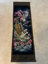 Vintage Japanese Black Velvet Hand Painted Tiger& Eagle Scene 5feet X18&rdquo;