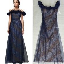 RENE RUIZ 995 Off Shoulder Ruffled Fit Flare Glitter Mesh Overlay Gown sz 12