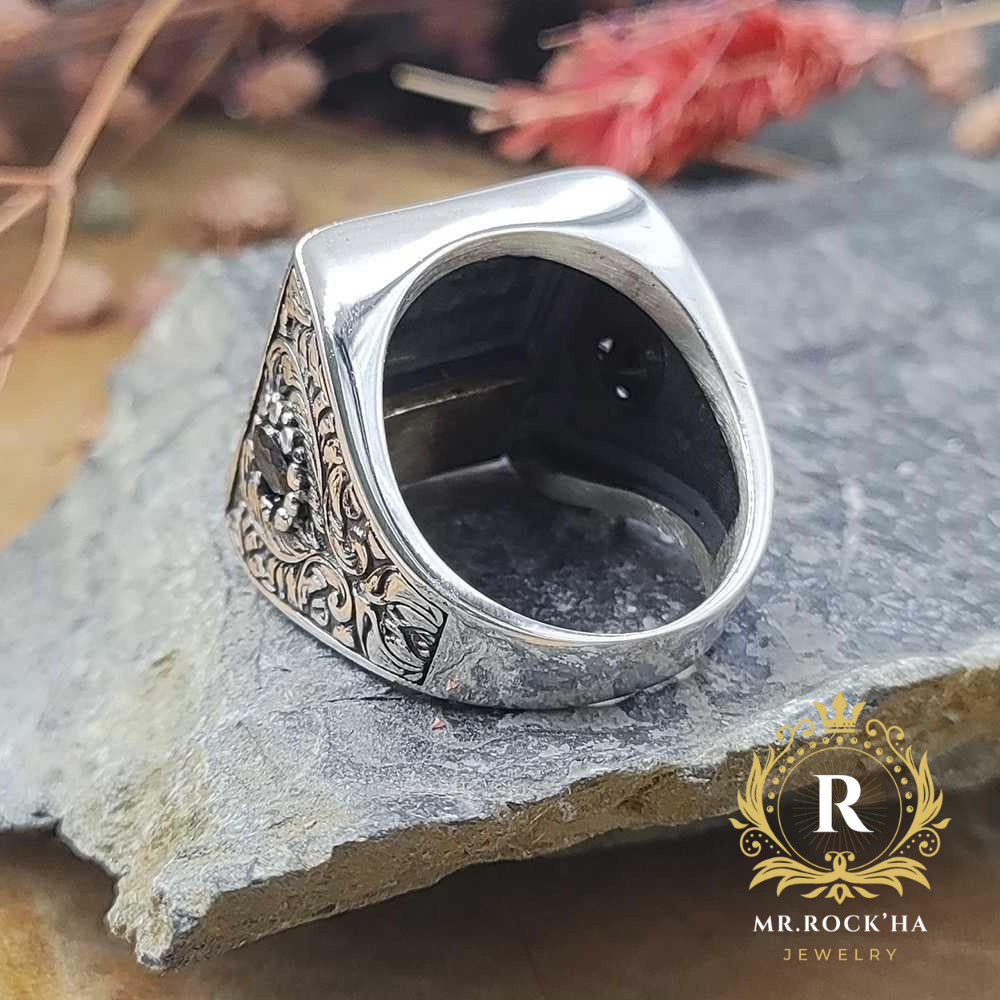 Word of Tawhid Written Engraving,Black Zircon,925 Sterling Silver Men's Ring