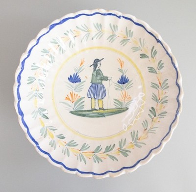Antique French Quimper Faience Scalloped Wall Bowl or Centerpiece 10.5''