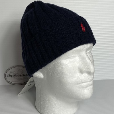 Polo Ralph Lauren Beanie Hat Men's Blue Wool Blend Ribbed Cuff Knit NEW NWT