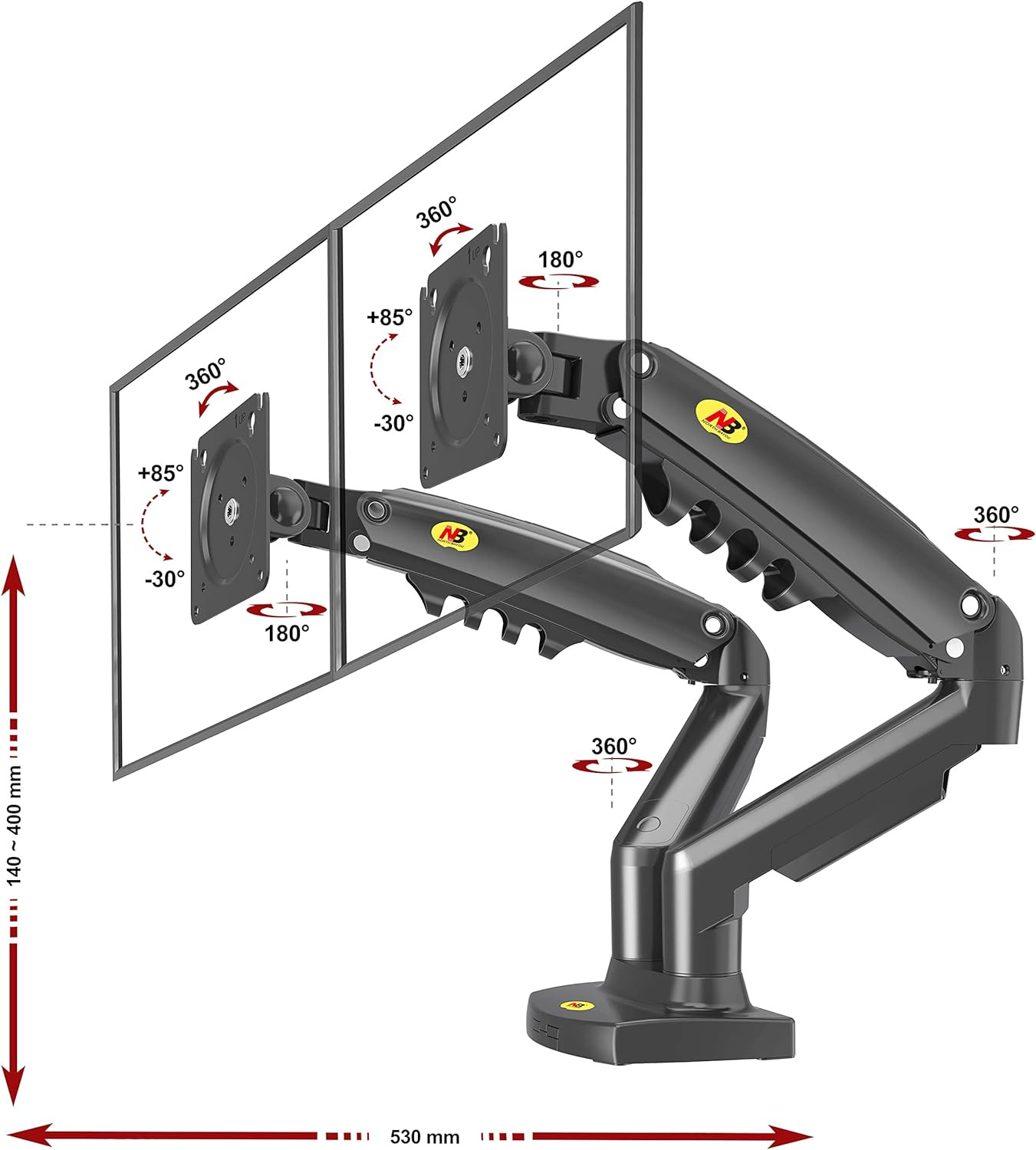 Bras Double Écran PC Orientable et Inclinable pour Moniteur LED LCD 17-27"