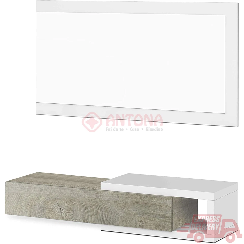 Ingresso moderno 1 Cassetto + Specchio 'NOON' Bianco / Quercia sospeso da design - Immagine 2 di 4