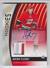 2017-18 UD SP GAME USED HAYDN FLEURY RC AUTO PATCH /15 RED PREMIUM ROOKIE Flames