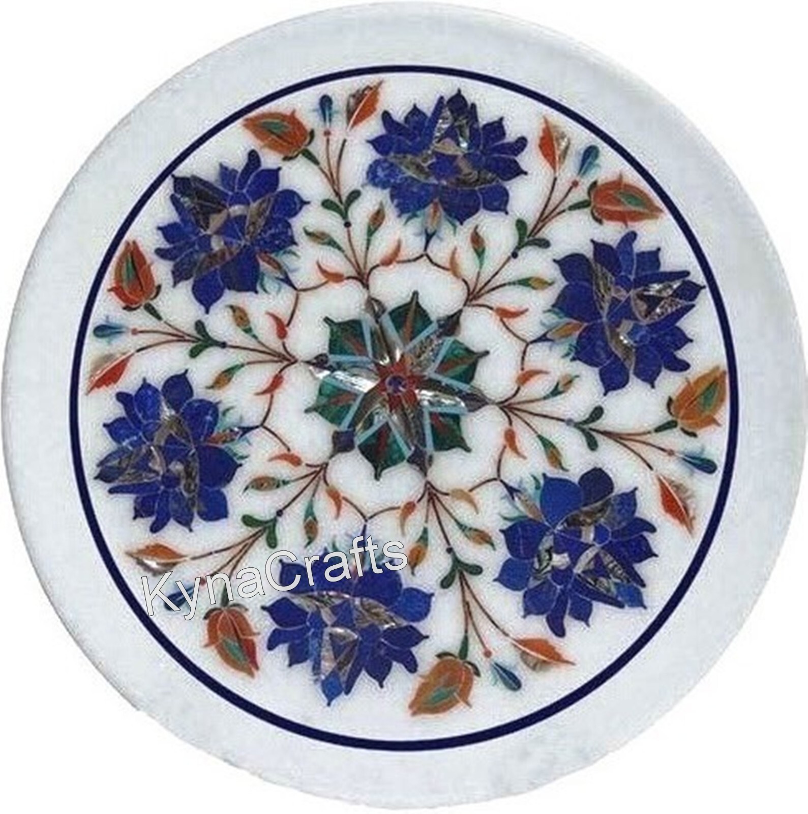 Unique Round Marble Coffee Table Top Lapis Lazuli Stone Inlay Work Corner Table