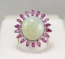 Custom Made Ladies Large Opal and Pink Sapphire Ring in 14k White Gold