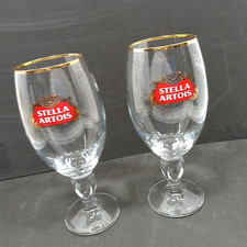 2 Vintage Stella Artois Gold Rimmed Stem Beer Glasses 33 cl