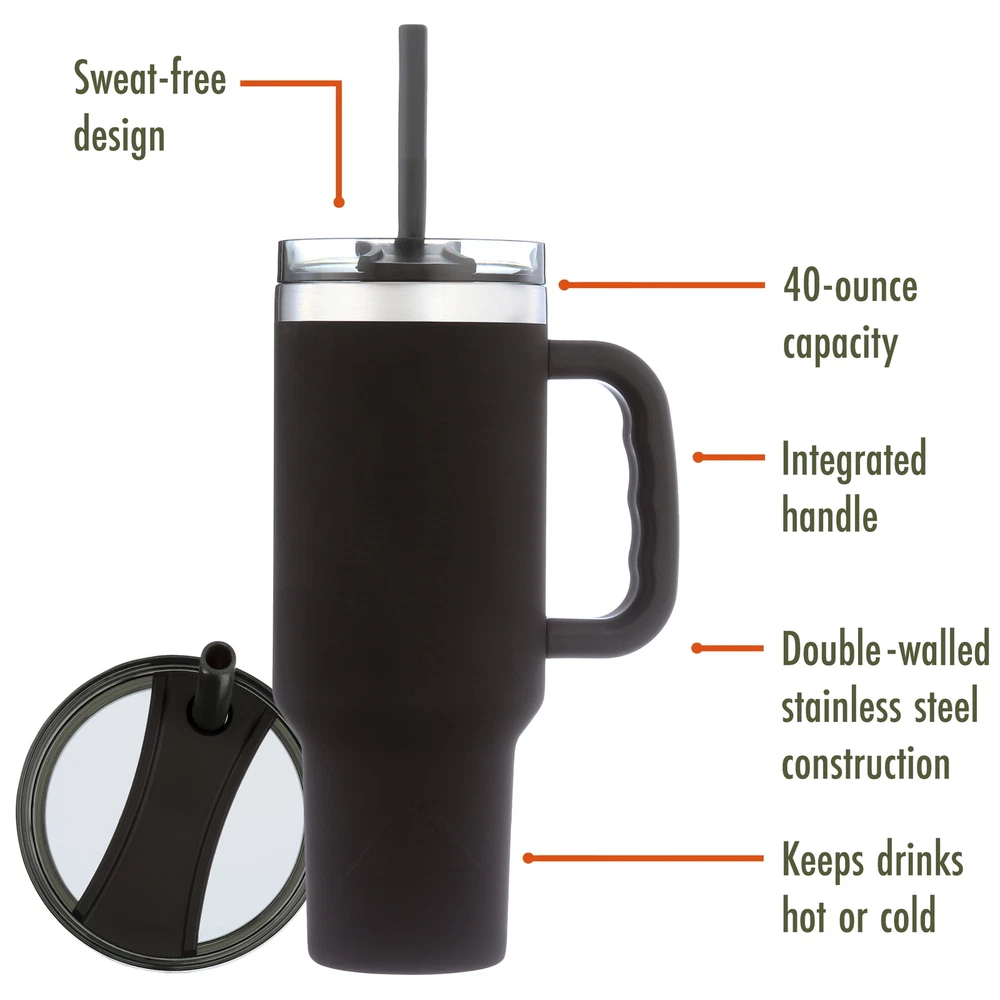 Tumbler Vacuum Insulated Stainless Steel Tumbler with Handle Black 40 Oz
