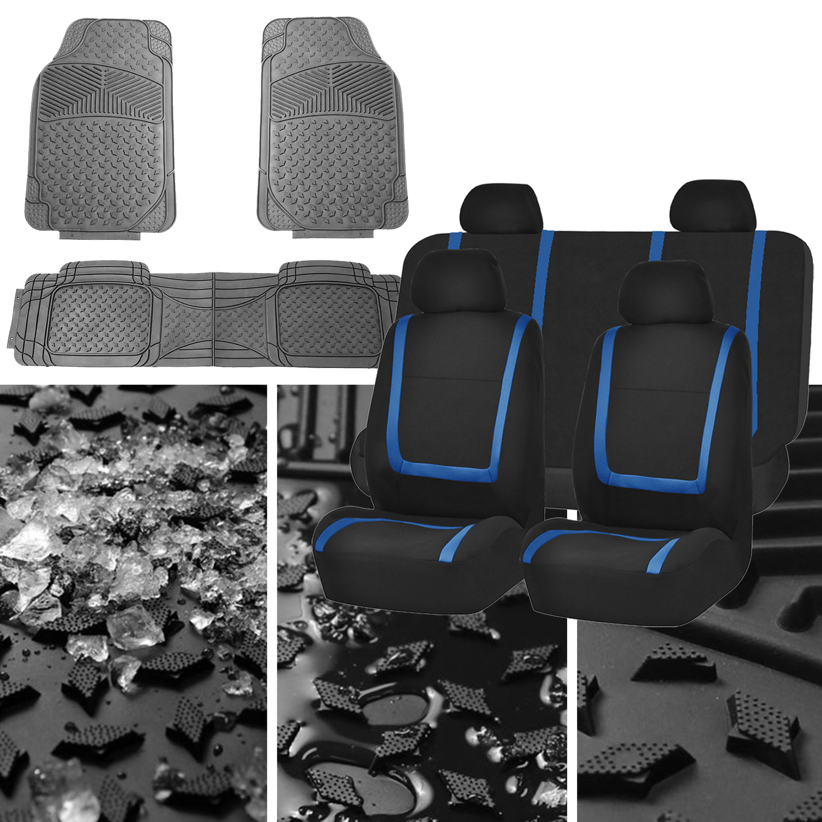 Blue Car Seat Covers Set for Auto w/ Gray Floor Mats Heavy Duty Combo