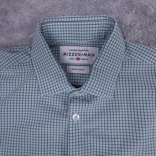 Mizzen  Main Shirt Men's Medium Green Gingham Check Trim Fit Performance Button