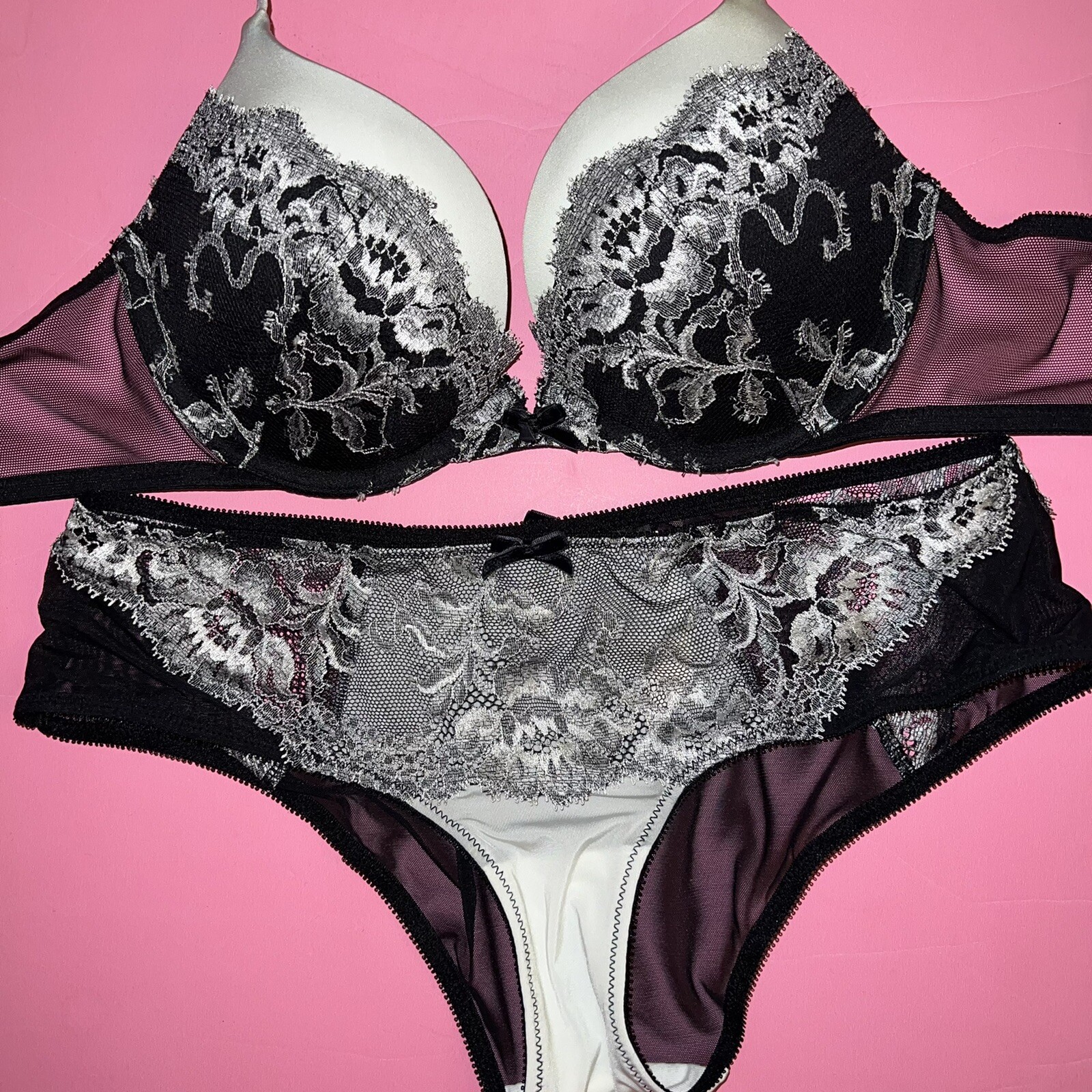 Victoria's Secret 32C BRA SET+GARTER SLIP gray BLACK WHITE floral lace VERY SEXY image 8