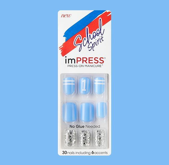 KISS IMPRESS PRESS ON NAILS ONE STEP MANICURE FRESHMAN BLUE with GLITTER ACCENTS