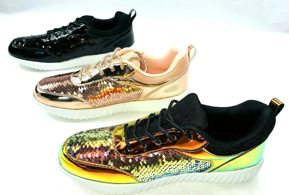 Nuevas Tenis Para Mujer Lentejuelas Metálicas Sirena Brillo Con Cordones Moda Brillantes Foto 4 de 4