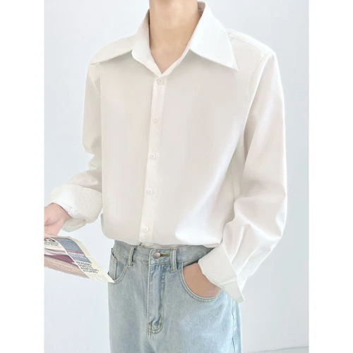 Men's Draping Large Pointy Collar Loose Stylish French White Long-Sleeved Shirts - Picture 1 of 11