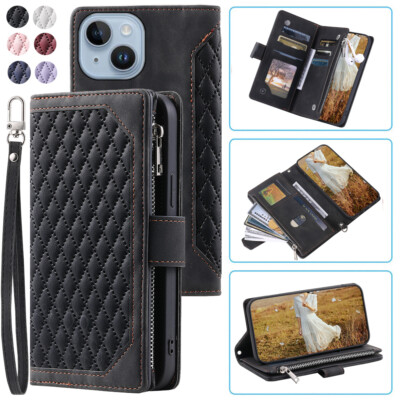 iPhone 14 Rhombic Wallet Case,Luxury Leather Zipper Flip Card For iPhone 14 Plus