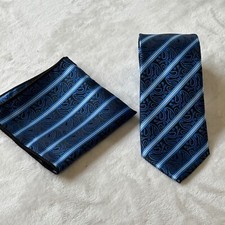 Silk Designer 58" Necktie  Matching Pocket Square Blue Black Striped Paisley