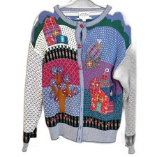 Vintage Applique House Cottage Patchwork Cardigan Medium Multicolor