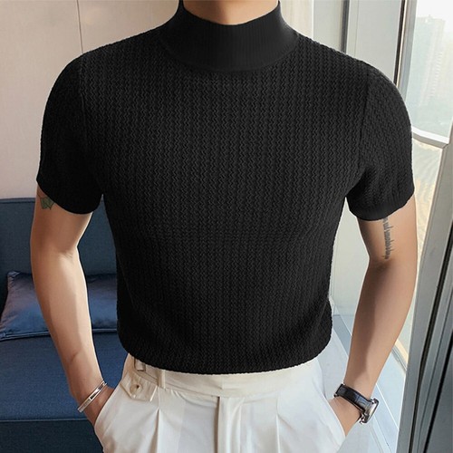 Hermoso Hombres Simulado Cuello Alto Pullover Camiseta Prendas para el torso Tejido Suéter Manga Corta - Imagen 10 de 32
