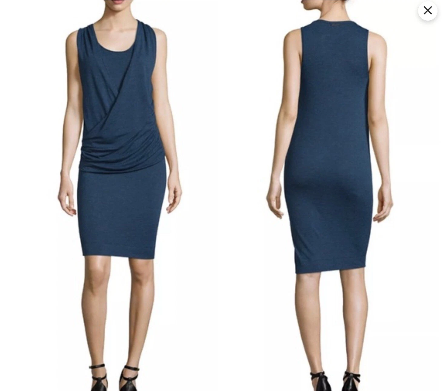 Abito in guaina arricciata Burberry Brit ""Janey"" inchiostro blu senza maniche drappo anteriore taglia L