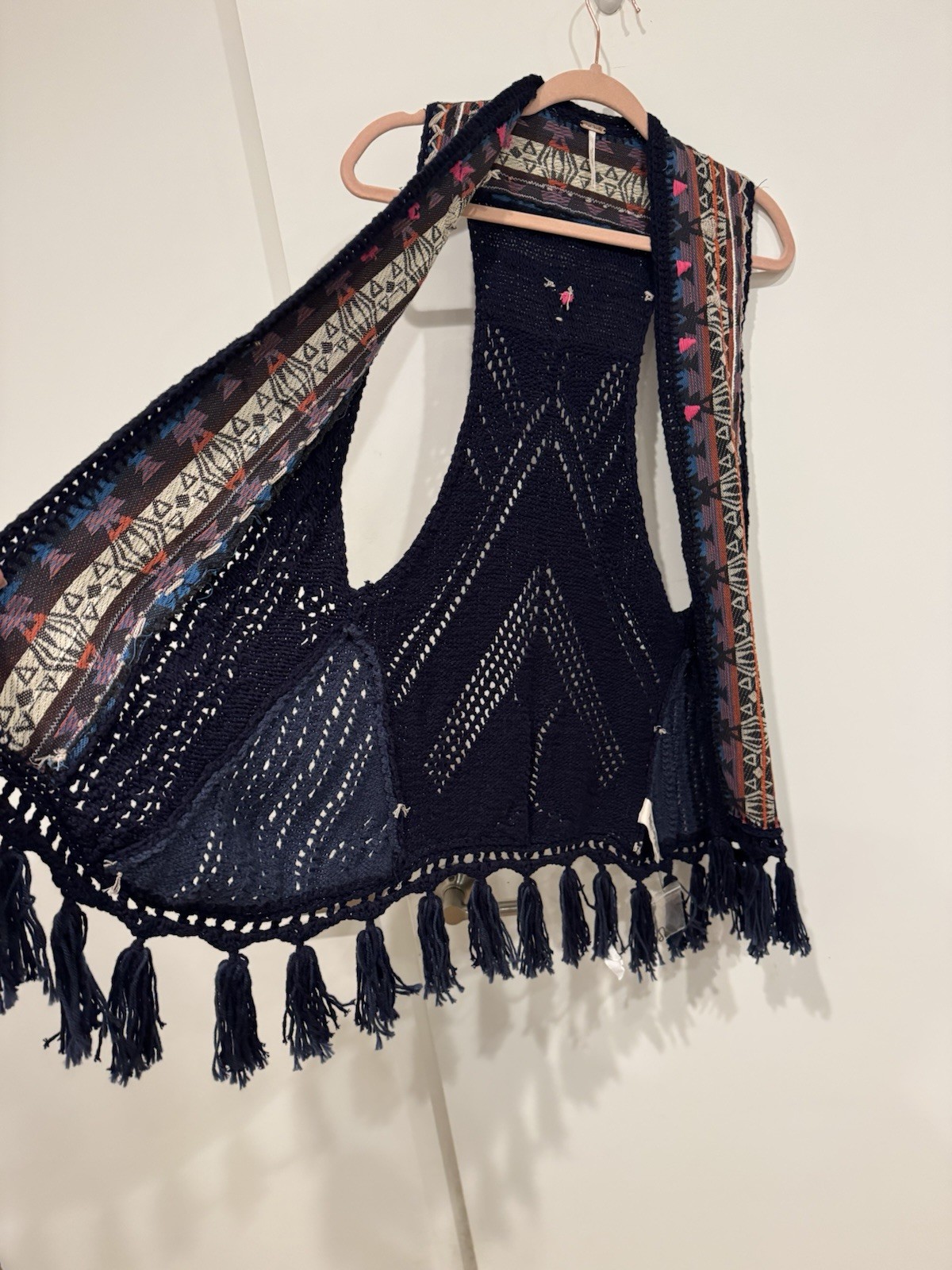 Free People Boho Fringe Crochet Knit Vest Navy Aztec Open Front S