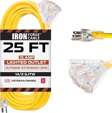 25Ft Yellow Outdoor Extension Cord with 3 Outlets - 14/3 SJTW 15 Amp 25Ft Extens