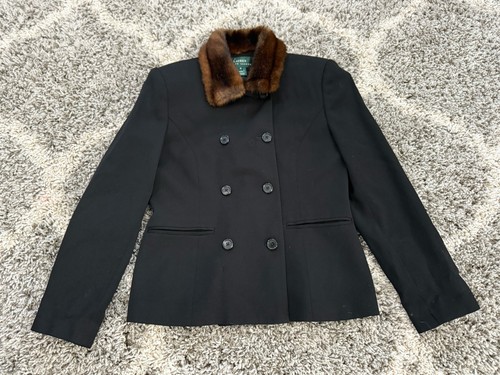 Cappotto donna vintage Lauren Ralph Lauren 100% pura lana pelliccia sintetica collo taglia 6/S - Foto 1 di 12